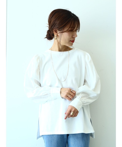 Green Parks(グリーンパークス)の「ボリュームスリーブドッキングカットプルオーバー*(Tシャツ/カットソー・レディース・オフホワイト/ライトグレー/ブラック/ライトグリーン・FREE)」の2枚目の写真