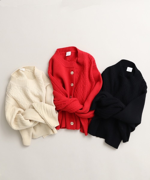 Lene（レネ）の「スパニッシュメリノ/アラン編み シュートカーディガン（カーディガン/ボレロ・レディース・レッド/アイボリー/ブラック・FREE）」の15枚目の写真