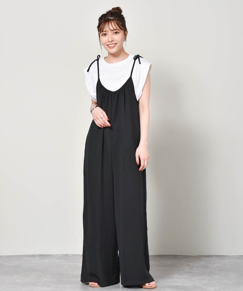 Cheri(シェリ)の「ロングサロペット Cheri/シェリ(サロペット/オーバーオール・レディース・ブラック/ベージュ・FREE)」の2枚目の写真