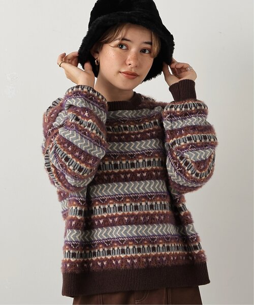 DOUBLE NAME（ダブルネーム）の「USED風柄ニットプルオーバー（ニット/セーター・レディース・ベージュ/パープル/ブラウン/レッド・FREE）」の6枚目の写真