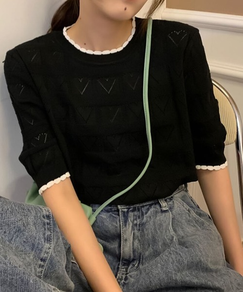 Bifrost(ビフレスト)の「配色ハート柄プルオーバー(Tシャツ/カットソー・レディース・ホワイト/イエロー/ブラック・F)」の1枚目の写真