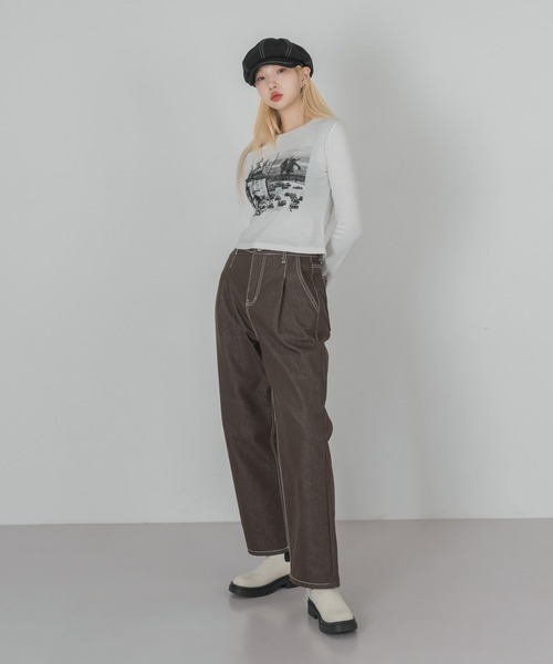 FOLLOWIN(フォロウィン)の「フロントポイントプリントロングTシャツカットソー(Tシャツ/カットソー・レディース・アイボリー/ブラック・FREE)」の3枚目の写真