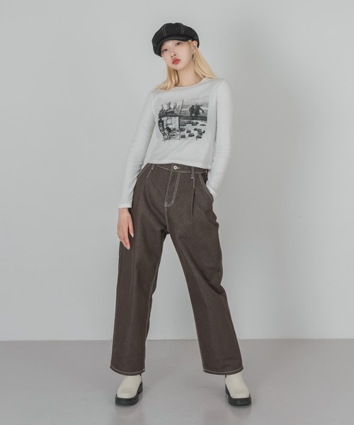 FOLLOWIN(フォロウィン)の「フロントポイントプリントロングTシャツカットソー(Tシャツ/カットソー・レディース・アイボリー/ブラック・FREE)」の7枚目の写真