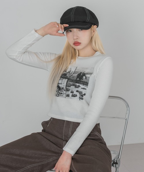 FOLLOWIN(フォロウィン)の「フロントポイントプリントロングTシャツカットソー(Tシャツ/カットソー・レディース・アイボリー/ブラック・FREE)」の13枚目の写真