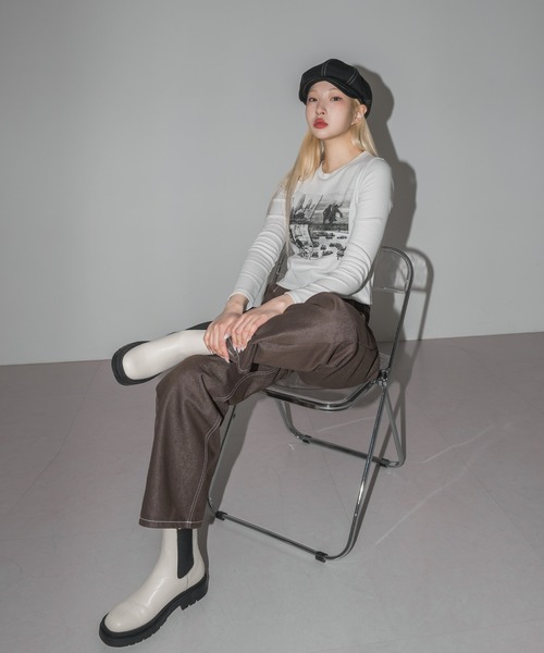 FOLLOWIN(フォロウィン)の「フロントポイントプリントロングTシャツカットソー(Tシャツ/カットソー・レディース・アイボリー/ブラック・FREE)」の14枚目の写真