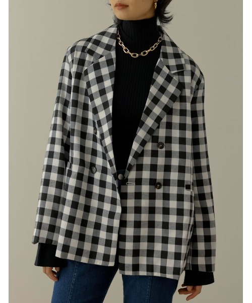 Re:EDIT(リエディ)の「ブロックチェックダブルブレストテーラードジャケット(テーラードジャケット・レディース・ブラック/ブラウン・MEDIUM/LARGE)」の1枚目の写真