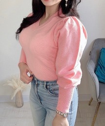 【Jasmine】 ボリューム袖Vネックニットトップス