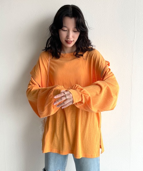 w closet（ダブルクローゼット）の「ロングorノースリ2WAYスリーブTシャツ（Tシャツ/カットソー・レディース・ブラック/オフホワイト/ライム/オレンジ・FREE）」の16枚目の写真