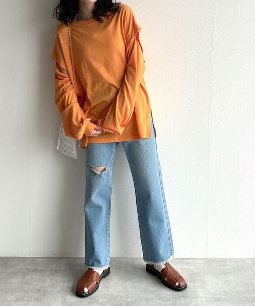 w closet（ダブルクローゼット）の「ロングorノースリ2WAYスリーブTシャツ（Tシャツ/カットソー・レディース・ブラック/オフホワイト/ライム/オレンジ・FREE）」の18枚目の写真