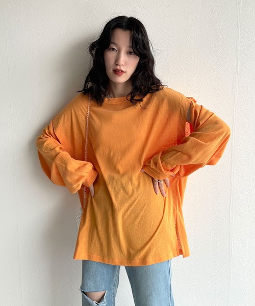 w closet（ダブルクローゼット）の「ロングorノースリ2WAYスリーブTシャツ（Tシャツ/カットソー・レディース・ブラック/オフホワイト/ライム/オレンジ・FREE）」の20枚目の写真