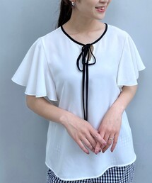 couture brooch | 大人可愛い/オフィス/通勤　配色リボンフレアスリーブブラウス(シャツ/ブラウス)