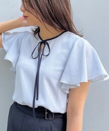 couture brooch | 大人可愛い/オフィス/通勤　配色リボンフレアスリーブブラウス(シャツ/ブラウス)