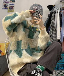 ビッグシルエット 総柄 クルーネックニット ニット セーター オーバーサイズ プルオーバー