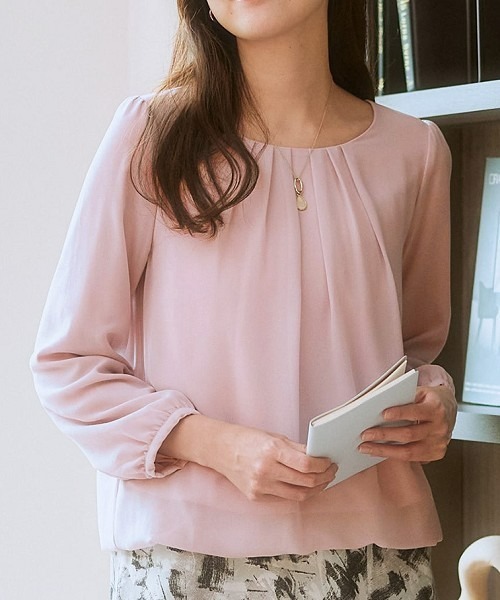 7days Life Styling（セブンデイズライフスタイリング）の「【カットソー裏地付】シフォン前タック９分袖ブラウス（シャツ/ブラウス・レディース・ベージュ/ブルー/モカ/グレー/ライトピンク/ブラック/オフホワイト/ラベンダー/ストライプ/ブラウン系その他/ピンク系・M/LL/S/L）」の10枚目の写真