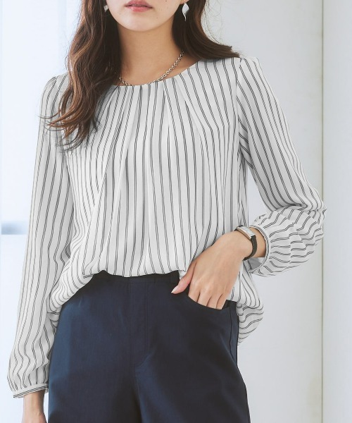 7days Life Styling（セブンデイズライフスタイリング）の「【カットソー裏地付】シフォン前タック９分袖ブラウス（シャツ/ブラウス・レディース・ベージュ/ブルー/モカ/グレー/ライトピンク/ブラック/オフホワイト/ラベンダー/ストライプ/ブラウン系その他/ピンク系・M/LL/S/L）」の11枚目の写真