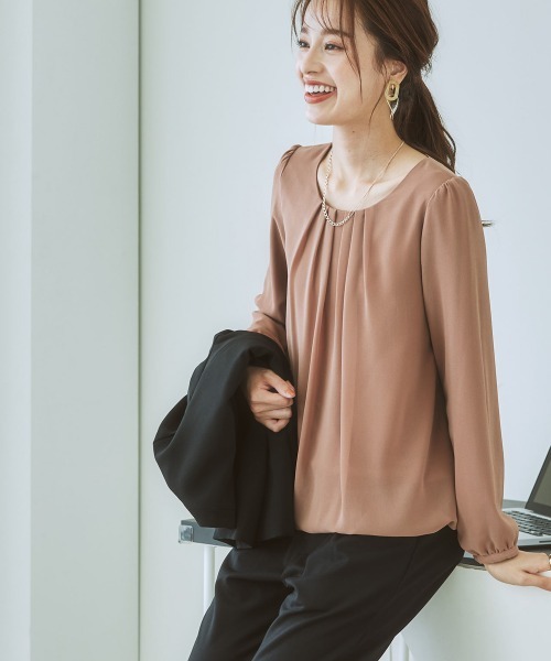 7days Life Styling（セブンデイズライフスタイリング）の「【カットソー裏地付】シフォン前タック９分袖ブラウス（シャツ/ブラウス・レディース・ベージュ/ブルー/モカ/グレー/ライトピンク/ブラック/オフホワイト/ラベンダー/ストライプ/ブラウン系その他/ピンク系・M/LL/S/L）」の19枚目の写真