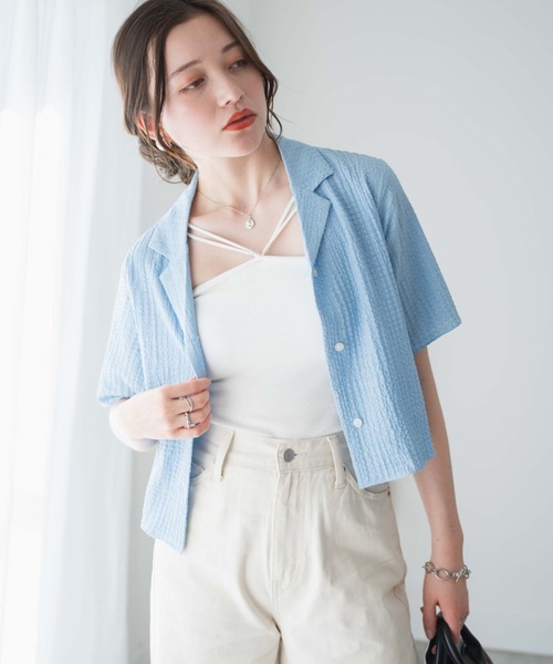 WEGO（ウィゴー）の「WEGO/【セットアップ対応商品】クリンクルオープンカラーシャツ（シャツ/ブラウス・レディース・イエロー/ブラック/サックスブルー/オフホワイト・FREE）」の3枚目の写真