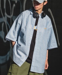 ワンポイント 刺しゅう ストライプ オーバーサイズ 半袖シャツ
