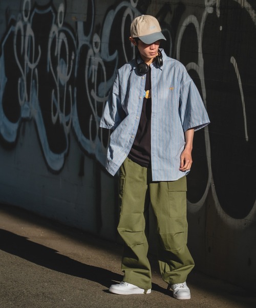 improves(インプローブス)の「ワンポイント 刺しゅう ストライプ オーバーサイズ 半袖シャツ(シャツ/ブラウス・メンズ・グリーン/サックスブルー・MEDIUM/LARGE/X-LARGE)」の10枚目の写真