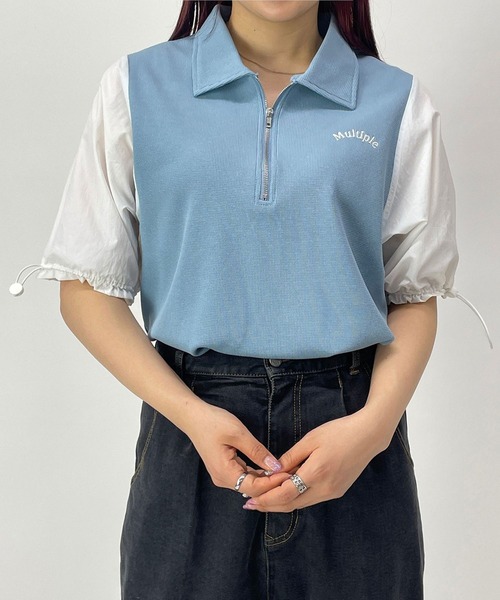 179/WG（イチナナキュウダブルジー）の「配色ハーフジップTシャツ（Tシャツ/カットソー・レディース・オフホワイト/ネイビー/ブルー・FREE）」の3枚目の写真