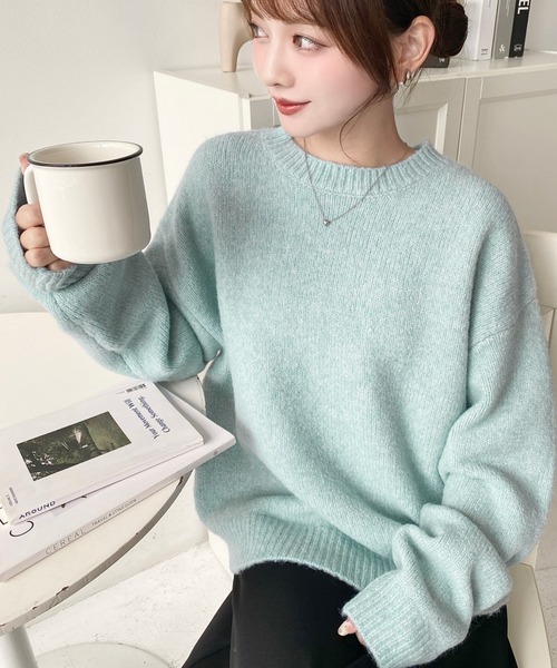 moment+（モーメントプラス）の「ゆったりもちもちミックスカラーニットプルオーバー(自宅で洗えるウォッシャブル加工)（ニット/セーター・レディース・ブルー/ライトブルー/アイボリー/パープル/ピンク/チャコールグレー/イエロー/オレンジ/グレー/ベージュ/レッド/ブラウン・M/L）」の8枚目の写真