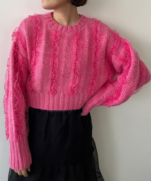 LOWRYS FARM（ローリーズファーム）の「レースフリルニット　971917（ニット/セーター・レディース・ブラック/オフホワイト/ピンク・FREE）」の3枚目の写真