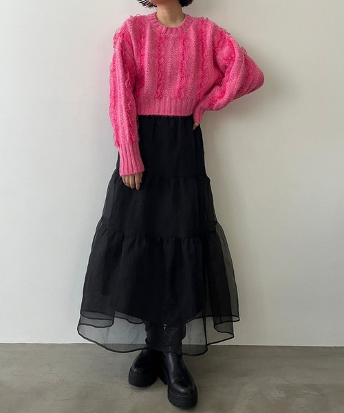 LOWRYS FARM（ローリーズファーム）の「レースフリルニット　971917（ニット/セーター・レディース・ブラック/オフホワイト/ピンク・FREE）」の6枚目の写真