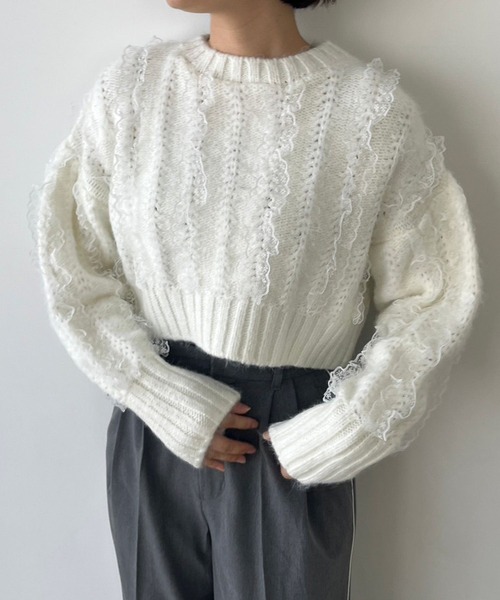 LOWRYS FARM（ローリーズファーム）の「レースフリルニット　971917（ニット/セーター・レディース・ブラック/オフホワイト/ピンク・FREE）」の7枚目の写真