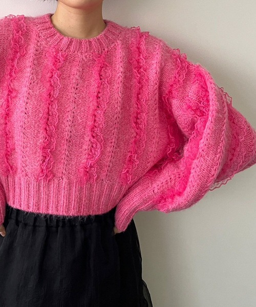 LOWRYS FARM（ローリーズファーム）の「レースフリルニット　971917（ニット/セーター・レディース・ブラック/オフホワイト/ピンク・FREE）」の4枚目の写真