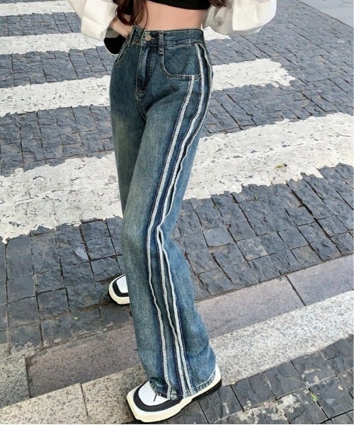 Burner(バーナー)の「【OKUOKU 0909】サイドライン デザイン デニムパンツ oku-bottom-714698603418-33 U(デニムパンツ・レディース・ブルー・S/M/L)」の2枚目の写真