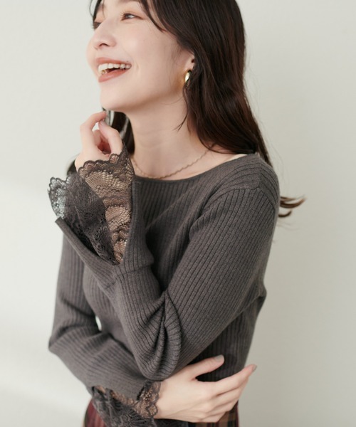 natural couture（ナチュラルクチュール）の「前後2WAY袖口レースリブニット（Tシャツ/カットソー・レディース・チャコールグレー/グレー系その他/サックスブルー/その他1/グレイッシュベージュ/ブラック/オフホワイト・FREE）」の10枚目の写真