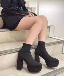【ラク盛り/ショートブーツ】リピーター続出/脚長美脚 厚底ニットショートブーツ