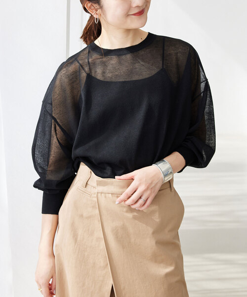 SLOBE IENA（スローブイエナ）の「シアーニットプルオーバー（ニット/セーター・レディース・キャメル/ベージュ系その他/グリーン/ブラック・FREE）」の9枚目の写真