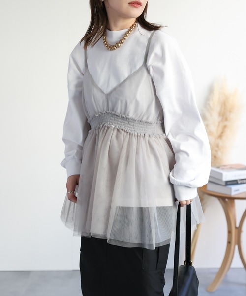 ap retro（アプレトロ）の「シャーリングチュールキャミソール / 夏服（キャミソール・レディース・チャコールグレー/ブラック/オフホワイト/グレイッシュベージュ・FREE）」の16枚目の写真