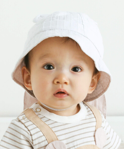 SLAP SLIP BABY（スラップスリップベビー）の「クマ耳クマさんフェイス日よけ付きハットベビー(46~48cm)（ハット・キッズ・ホワイト/ネイビー・48cm/46cm）」の3枚目の写真