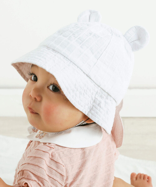 SLAP SLIP BABY（スラップスリップベビー）の「クマ耳クマさんフェイス日よけ付きハットベビー(46~48cm)（ハット・キッズ・ホワイト/ネイビー・48cm/46cm）」の6枚目の写真