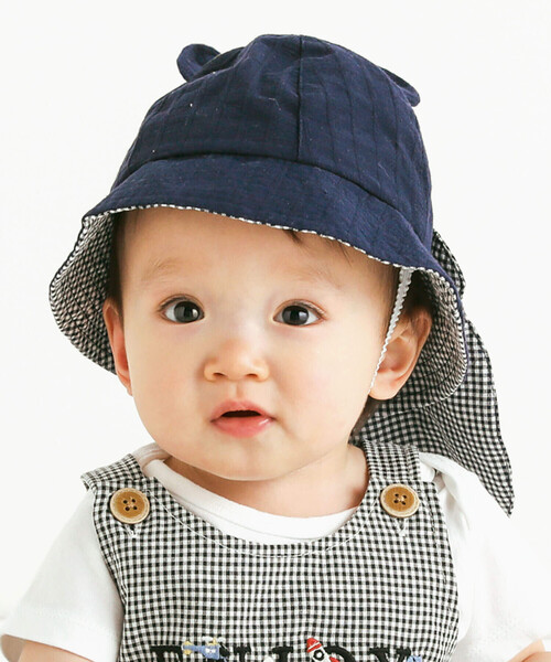 SLAP SLIP BABY（スラップスリップベビー）の「クマ耳クマさんフェイス日よけ付きハットベビー(46~48cm)（ハット・キッズ・ホワイト/ネイビー・48cm/46cm）」の2枚目の写真