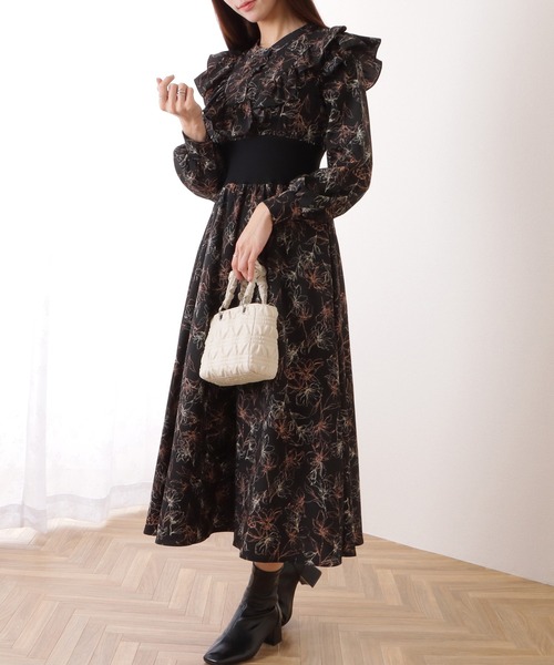 Lace Ladies(レースレディース)の「配色 リブ フリルライン ボタニカル柄 ワンピース(ワンピース・レディース・グレー/ブラック/ブラウン・S/FREE)」の8枚目の写真