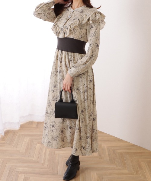 Lace Ladies(レースレディース)の「配色 リブ フリルライン ボタニカル柄 ワンピース(ワンピース・レディース・グレー/ブラック/ブラウン・S/FREE)」の10枚目の写真