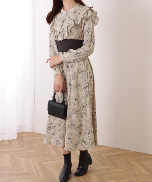 Lace Ladies(レースレディース)の「配色 リブ フリルライン ボタニカル柄 ワンピース(ワンピース・レディース・グレー/ブラック/ブラウン・S/FREE)」の11枚目の写真