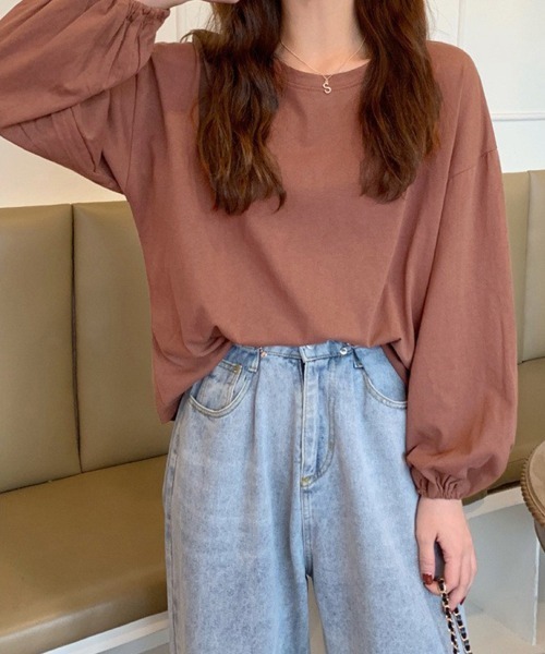 Miniministore(ミニミニストア)の「長袖Tシャツ ドロップショルダーtシャツ(Tシャツ/カットソー・レディース・グリーン/オレンジ/ワインレッド/イエロー/ブラック/ホワイト/ブラウン/パープル/ブルーグレー/レッド/ブルーグリーン/テラコッタ・FREE)」の4枚目の写真