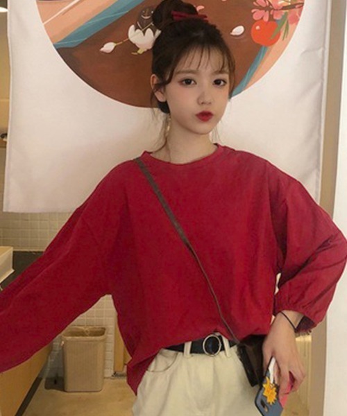 Miniministore(ミニミニストア)の「長袖Tシャツ ドロップショルダーtシャツ(Tシャツ/カットソー・レディース・グリーン/オレンジ/ワインレッド/イエロー/ブラック/ホワイト/ブラウン/パープル/ブルーグレー/レッド/ブルーグリーン/テラコッタ・FREE)」の11枚目の写真