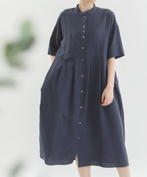 新品未使用❁ノップドゥノッド リネンコットン パナマ5分袖タック ワンピース セール】リネンコットンパナマ5分袖タックワンピース