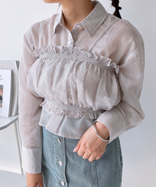 AS KNOW AS plus（アズノゥアズプラス）の「◎シャーリングキャミソールとシャツ セットアイテム（シャツ/ブラウス・レディース・グレー系/イエロー系/ブルー系・FREE）」の13枚目の写真