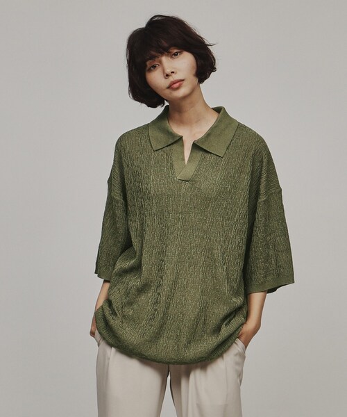 tk.TAKEO KIKUCHI（ティーケータケオキクチ）の「◆スキッパーニットポロシャツ（Tシャツ/カットソー・レディース・オフホワイト/ブラック/グリーン系・66）」の3枚目の写真