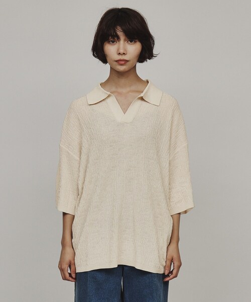 tk.TAKEO KIKUCHI（ティーケータケオキクチ）の「◆スキッパーニットポロシャツ（Tシャツ/カットソー・レディース・オフホワイト/ブラック/グリーン系・66）」の5枚目の写真