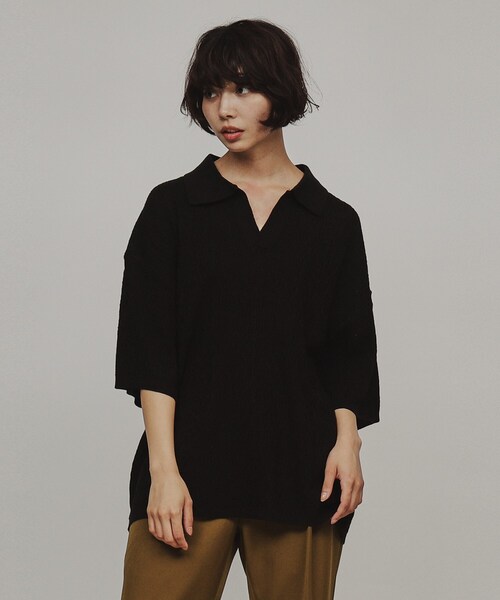 tk.TAKEO KIKUCHI（ティーケータケオキクチ）の「◆スキッパーニットポロシャツ（Tシャツ/カットソー・レディース・オフホワイト/ブラック/グリーン系・66）」の11枚目の写真