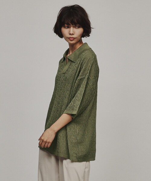 tk.TAKEO KIKUCHI（ティーケータケオキクチ）の「◆スキッパーニットポロシャツ（Tシャツ/カットソー・レディース・オフホワイト/ブラック/グリーン系・66）」の14枚目の写真