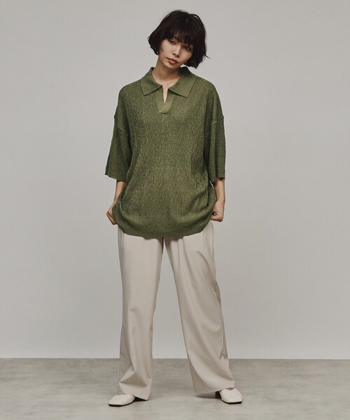 tk.TAKEO KIKUCHI（ティーケータケオキクチ）の「◆スキッパーニットポロシャツ（Tシャツ/カットソー・レディース・オフホワイト/ブラック/グリーン系・66）」の15枚目の写真