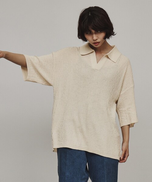 tk.TAKEO KIKUCHI（ティーケータケオキクチ）の「◆スキッパーニットポロシャツ（Tシャツ/カットソー・レディース・オフホワイト/ブラック/グリーン系・66）」の17枚目の写真